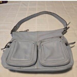 Tignanello Light Blue-Gray Genuine Leather Handbag Outer Zippered Pouch Pockets